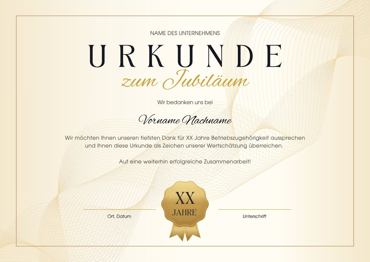 Urkunde zum Mitarbeiterjubiläum – Gold Canva Vorlage für Unternehmen