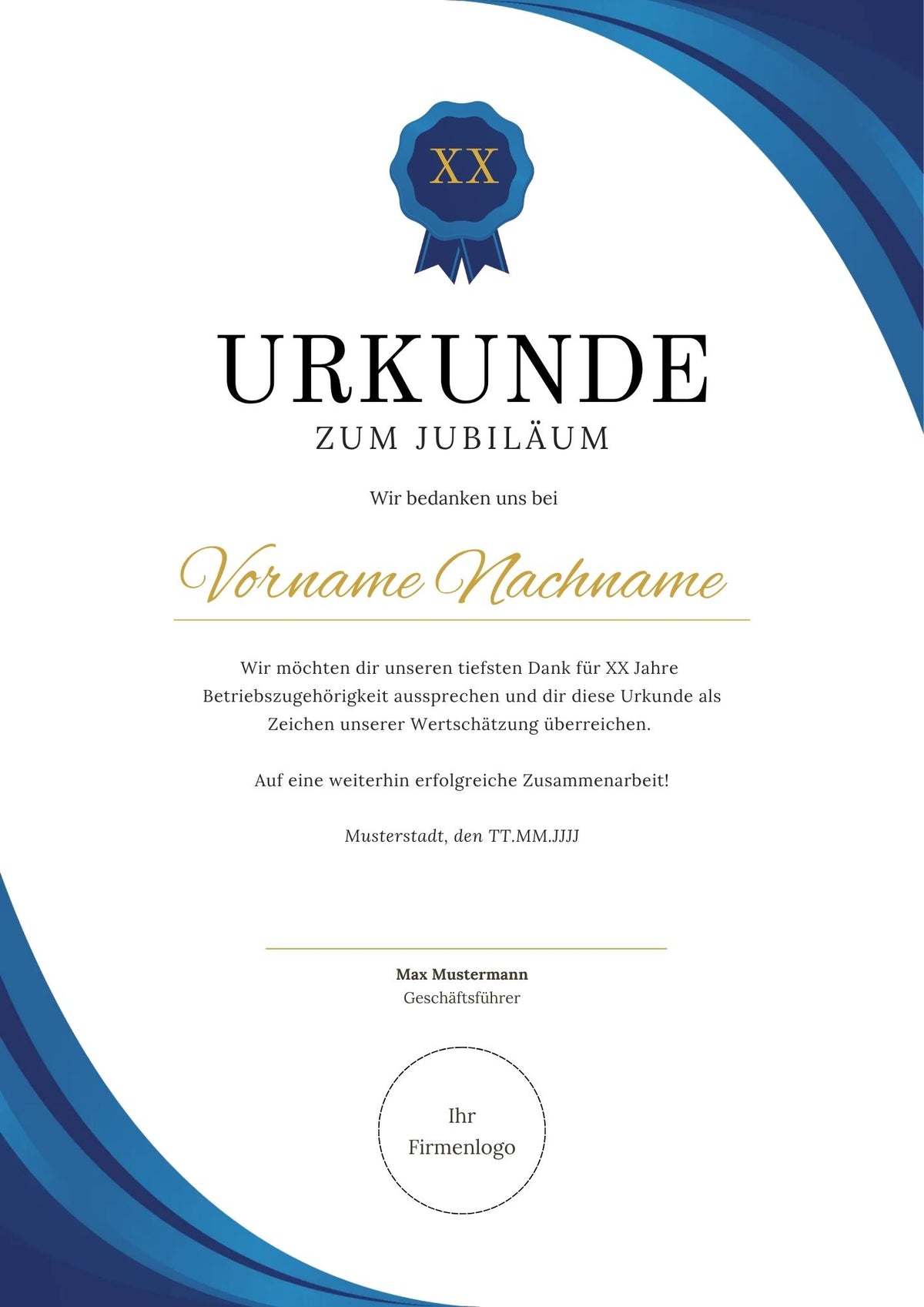 Urkunde zum Mitarbeiterjubiläum – Business Canva Vorlage für Unternehmen