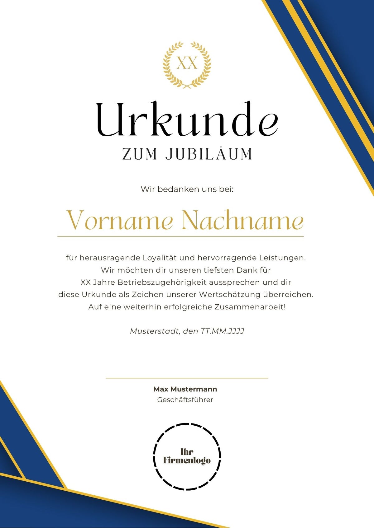 Urkunde zum Mitarbeiterjubiläum – Elegante Canva Vorlage für Unternehmen