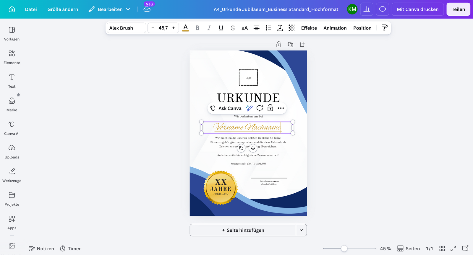 So sieht die Bearbeitung in Canva aus.