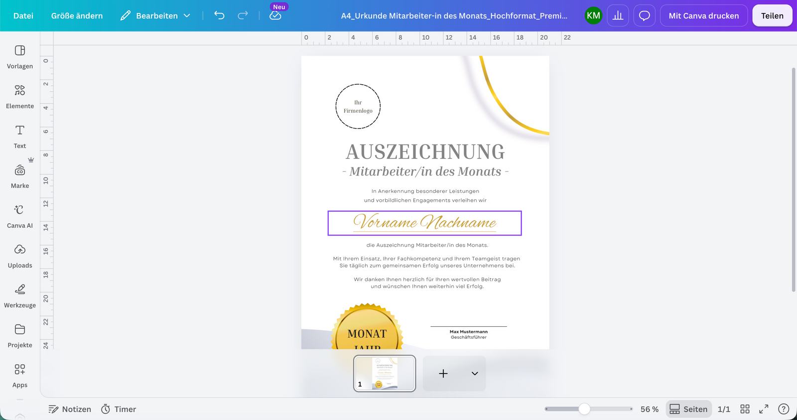 So sieht die Bearbeitung in Canva aus.