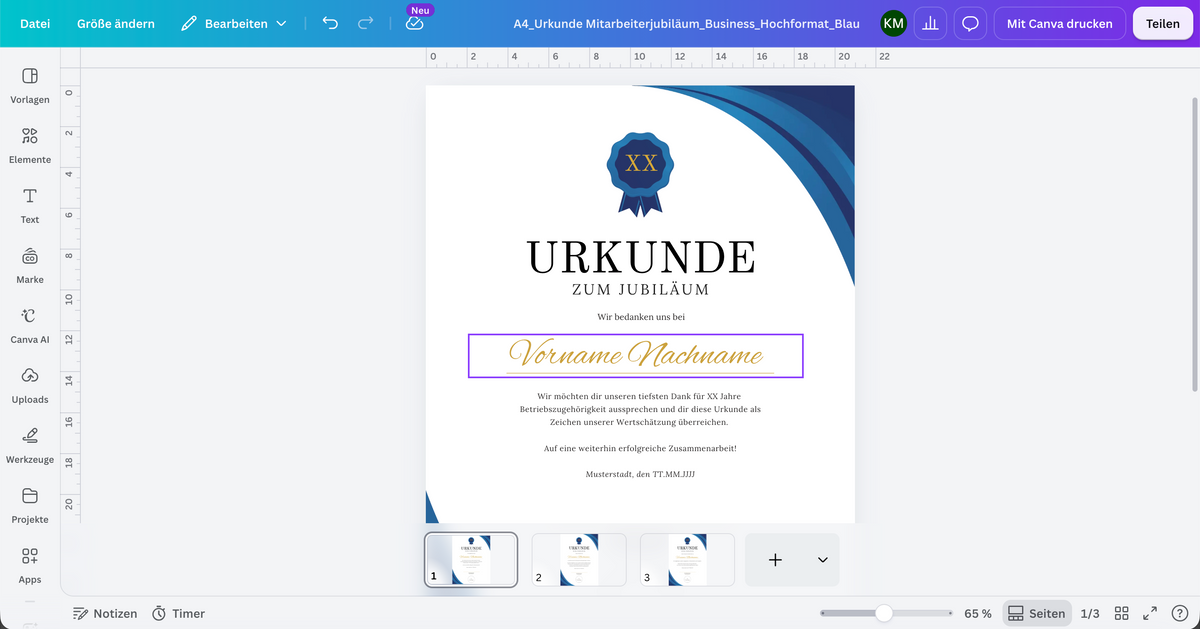 So sieht die Bearbeitung in Canva aus.