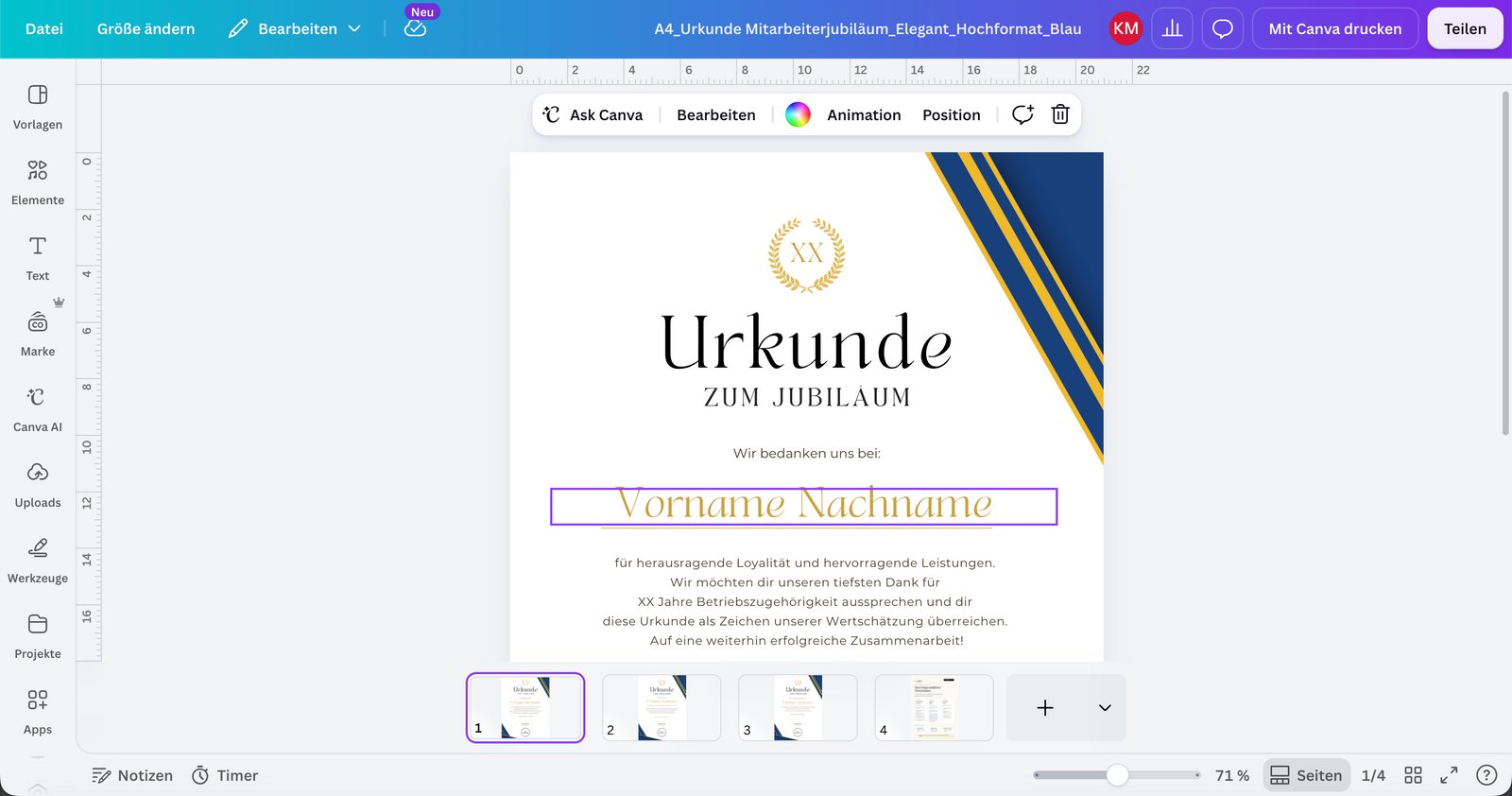 So sieht die Bearbeitung in Canva aus.