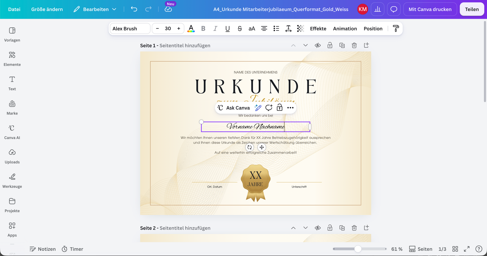 So sieht die Bearbeitung in Canva aus.