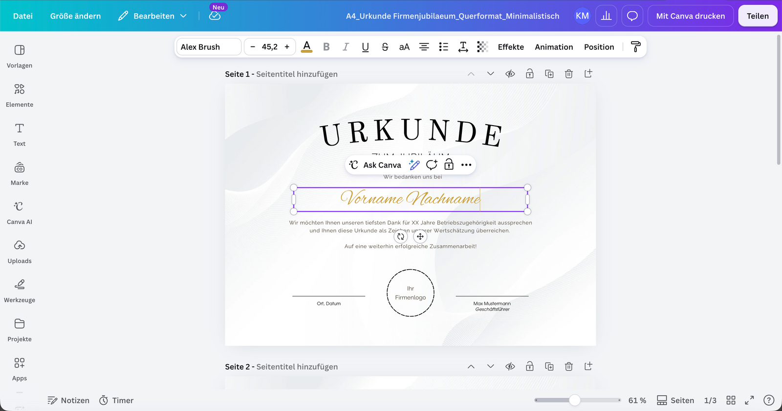 So sieht die Bearbeitung in Canva aus.