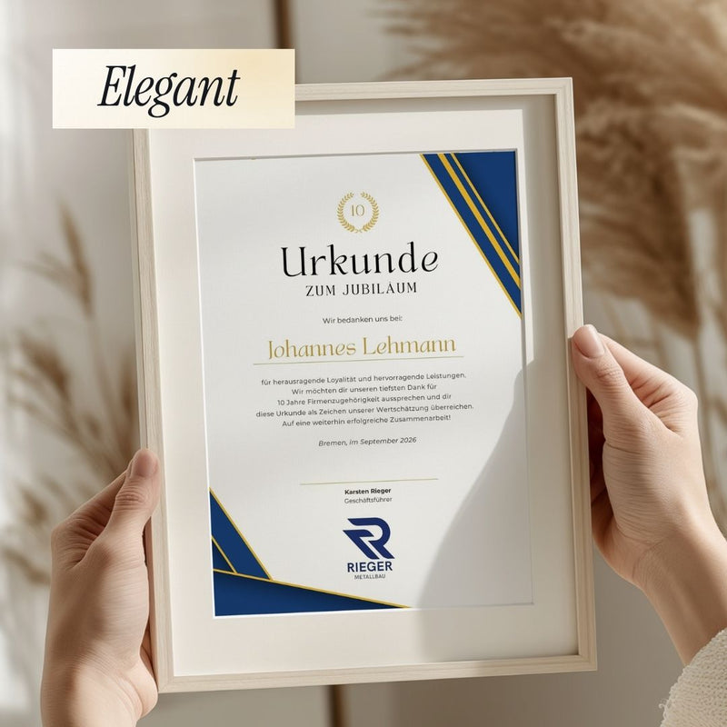 Urkunde zum Mitarbeiterjubiläum – Elegante Canva Vorlage für Unternehmen