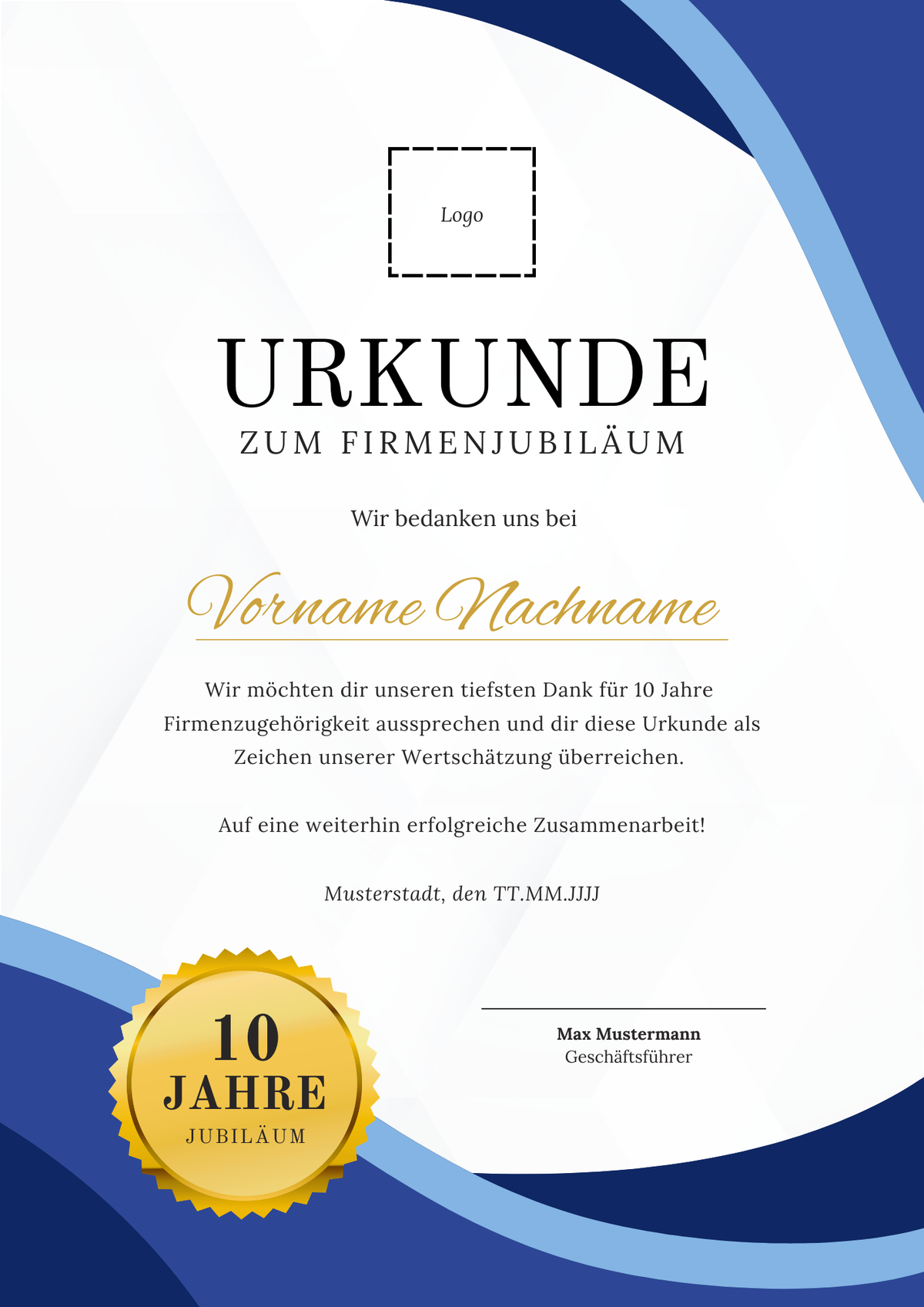 Urkunde Firmenjubiläum 20 Jahre Vorlage