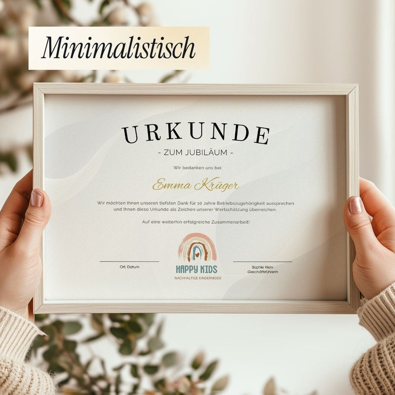 Urkunde zum Mitarbeiterjubiläum – Minimalistische Canva Vorlage für Unternehmen