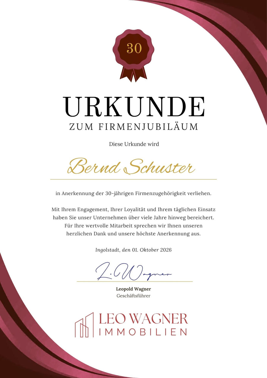 Business-Urkunde zum 30. Firmenjubiläum