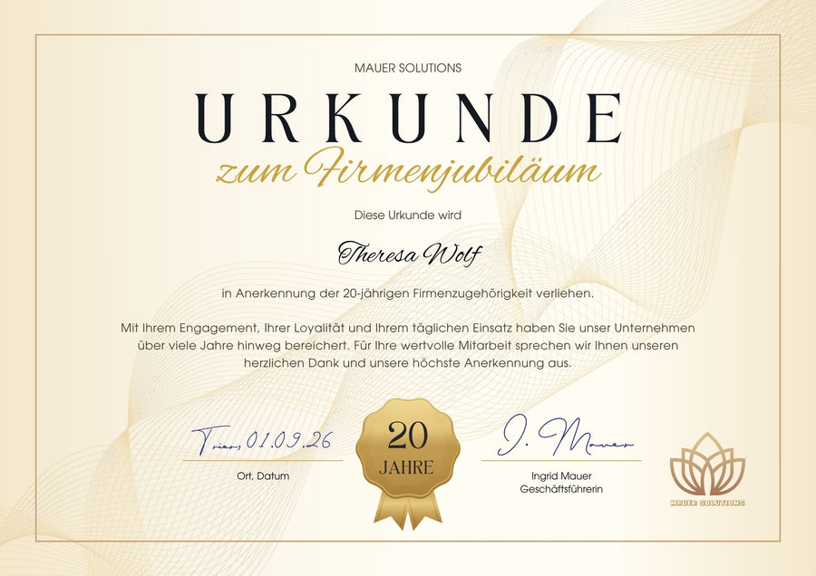 Urkunde zum Firmenjubiläum im Gold-Design
