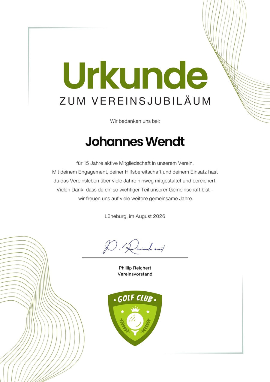 Urkunde zum Vereinsjubiläum in modernem Design