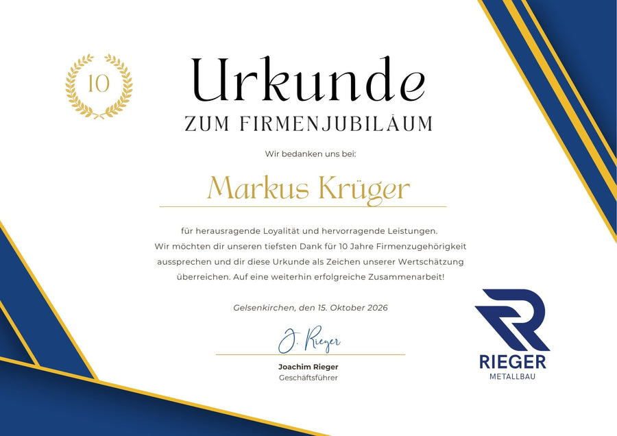 Elegante Urkunde zum 10. Firmenjubiläum