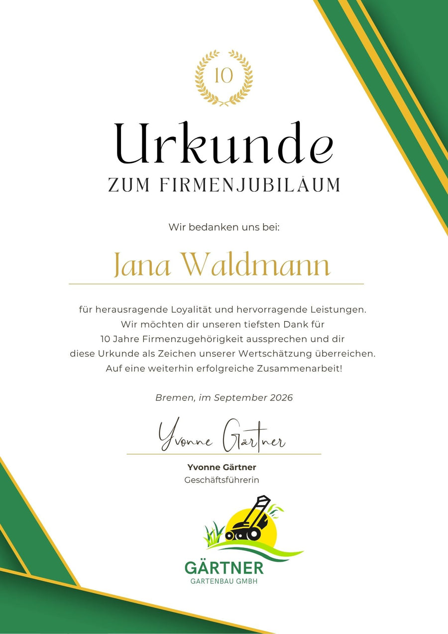 Elegante Firmenjubiläumsurkunde in grün