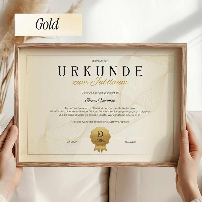 Urkunde zum Mitarbeiterjubiläum – Gold Canva Vorlage für Unternehmen