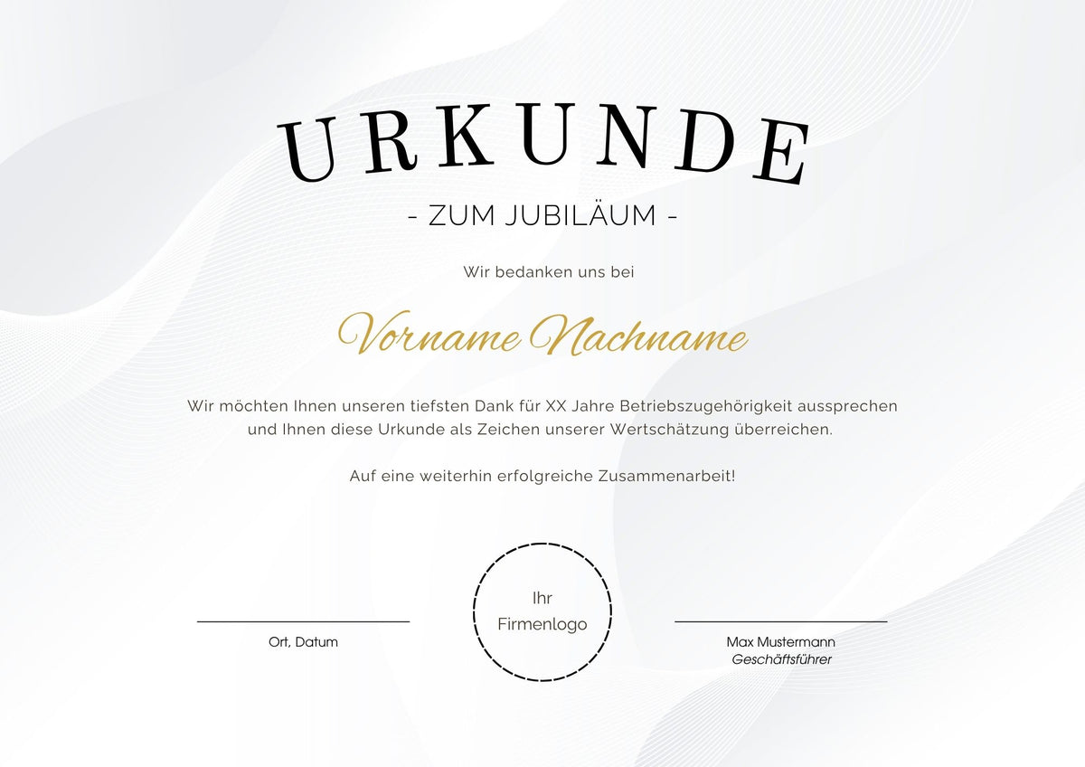 Urkunde zum Mitarbeiterjubiläum – Minimalistische Canva Vorlage für Unternehmen