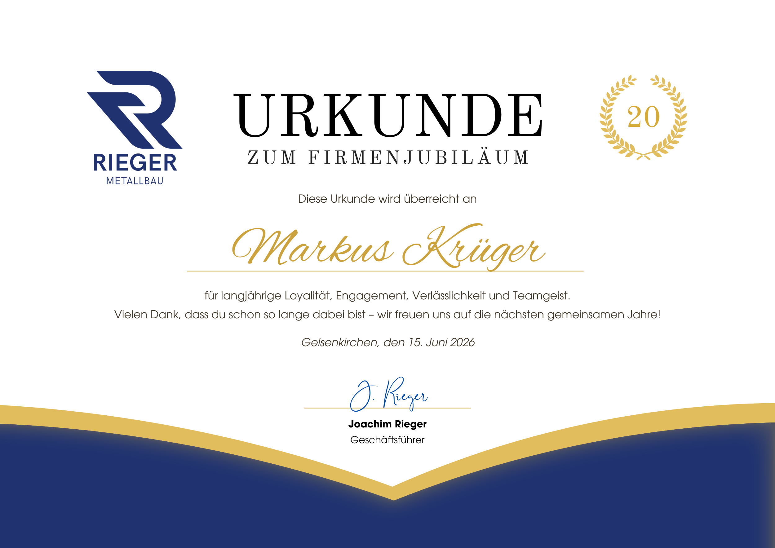 Urkunde 20 Jahre Firmenjubiläum